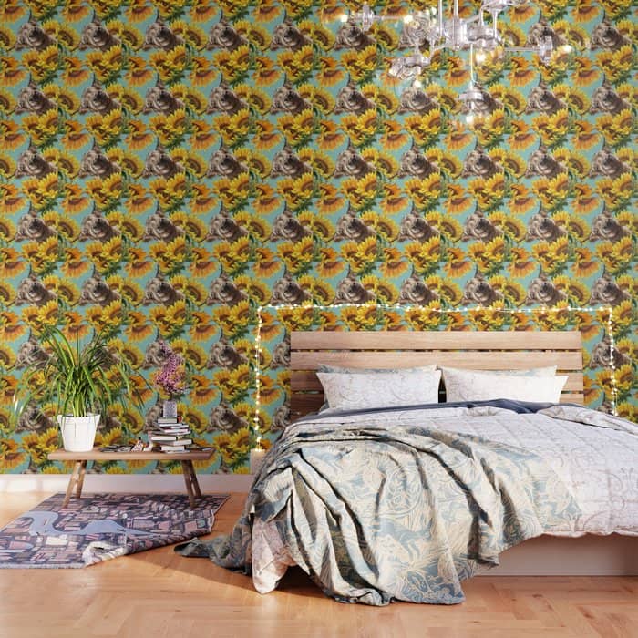 Highland Cow With Sunflowers In Blue Wallpaper
