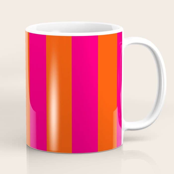 Bright Neon Pink And Orange Vertical Cabana Tent Stripes Coffee Mug