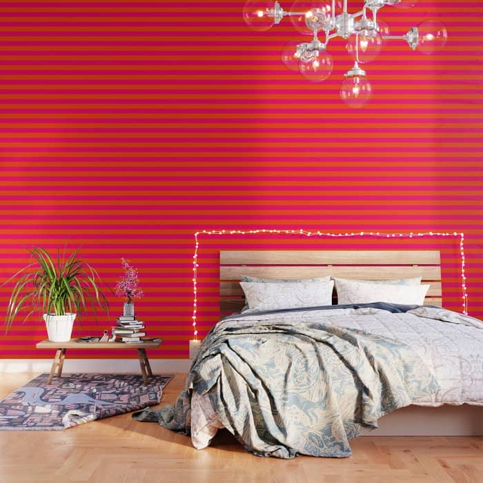 Bright Neon Pink And Orange Horizontal Cabana Tent Stripes Wallpaper