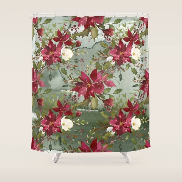 Watercolor Botanical Green Burgundy Ivory Christmas Floral Shower Curtain