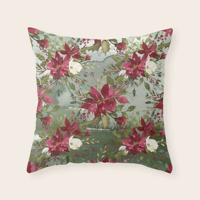 Watercolor Botanical Green Burgundy Ivory Christmas Floral Throw Pillow