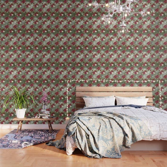 Watercolor Botanical Green Burgundy Ivory Christmas Floral Wallpaper