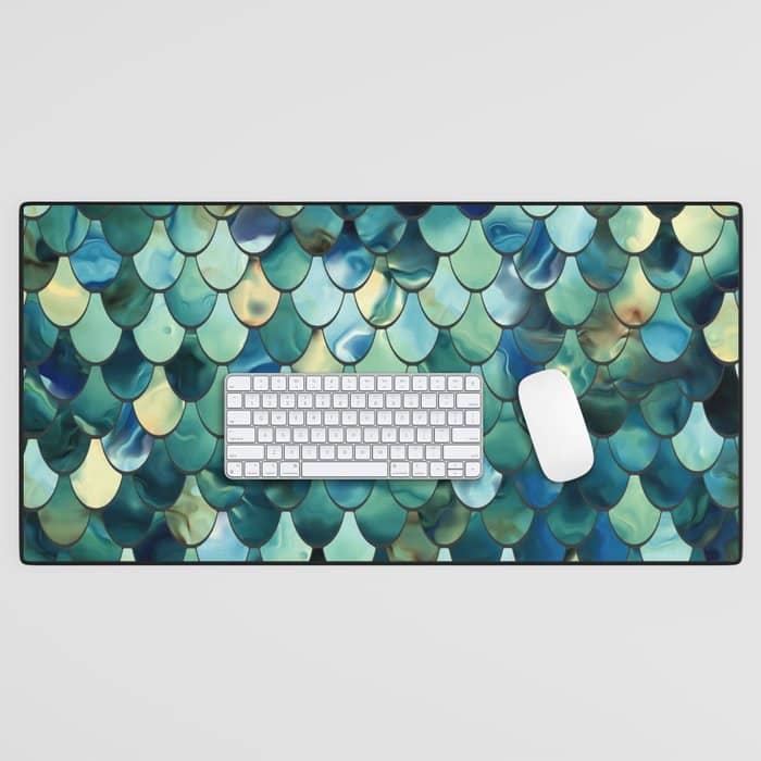 Mermaid Art, Sea Green, Ocean Blue Desk Mat