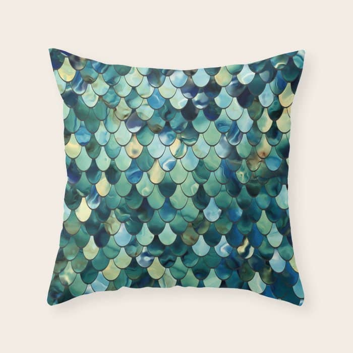 Mermaid Art, Sea Green, Ocean Blue Throw Pillow