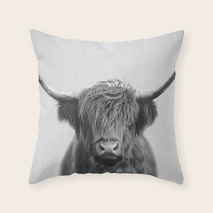 Highland Cow - Black & White Throw Pillow