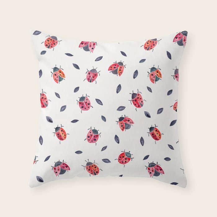 Lucky Ladybugs & Black Leaves Throw Pillow