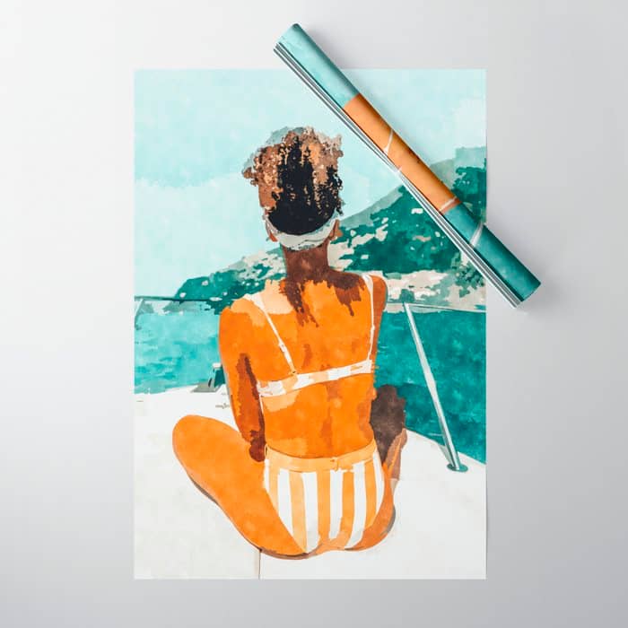 Solo Traveler, Watercolor Black Woman Painting, Travel Tropical Summer Illustration Wrapping Paper