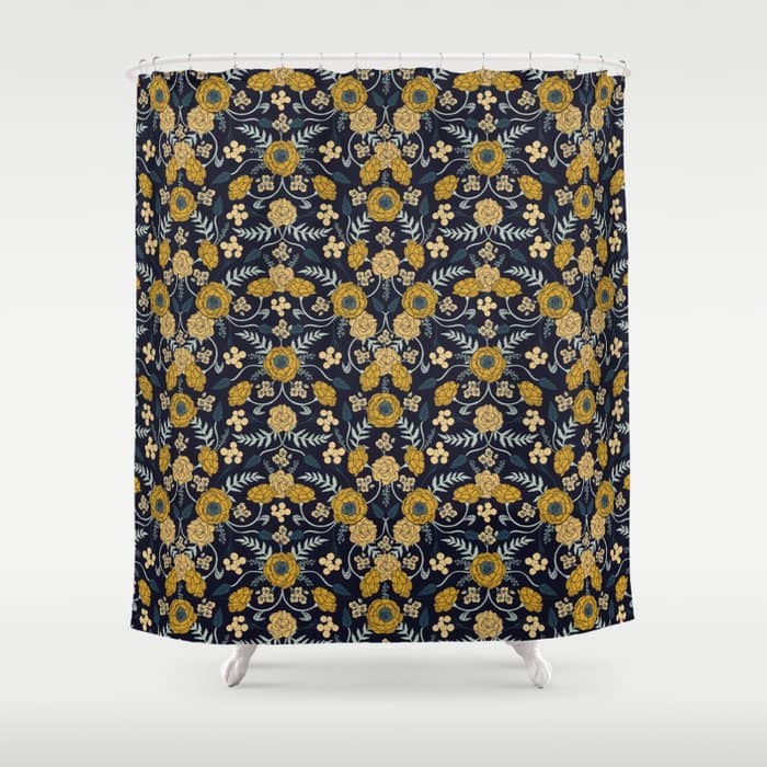 Navy Blue, Turquoise, Cream & Mustard Yellow Dark Floral Pattern Shower Curtain