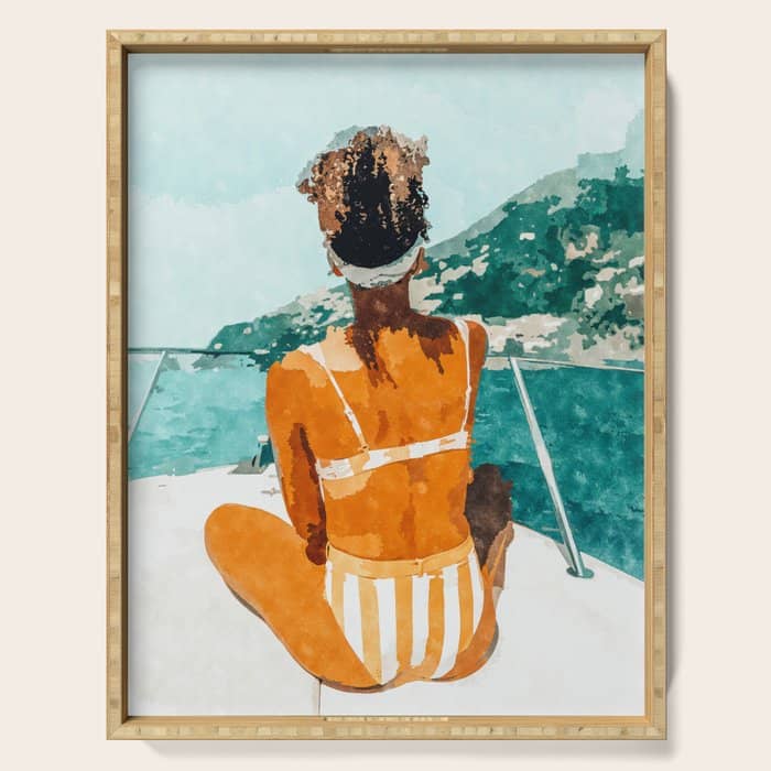 Solo Traveler, Watercolor Black Woman Painting, Travel Tropical Summer Illustration Serving Tray