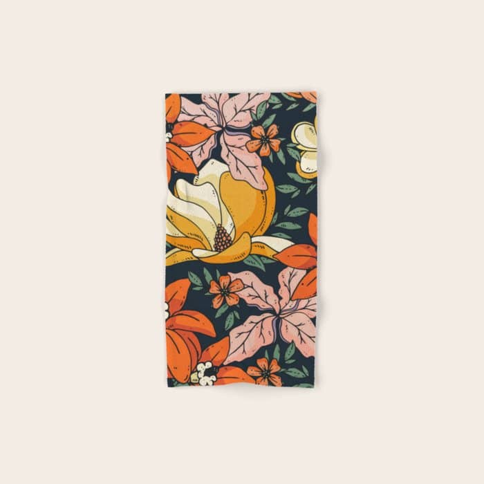 Night Forest, Colorful Dark Eclectic Floral Nature Botanical Jungle Floral Bohemian Illustration Bath Towel