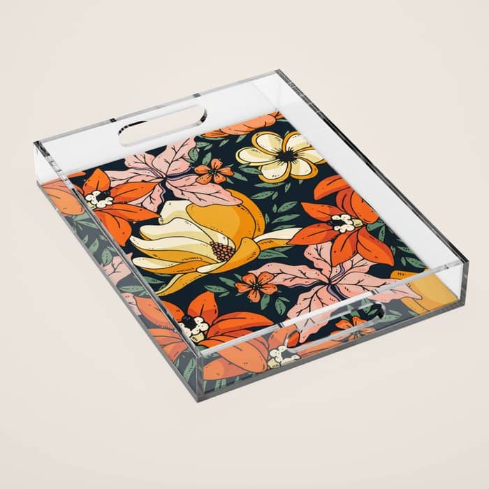 Night Forest, Colorful Dark Eclectic Floral Nature Botanical Jungle Floral Bohemian Illustration Acrylic Tray
