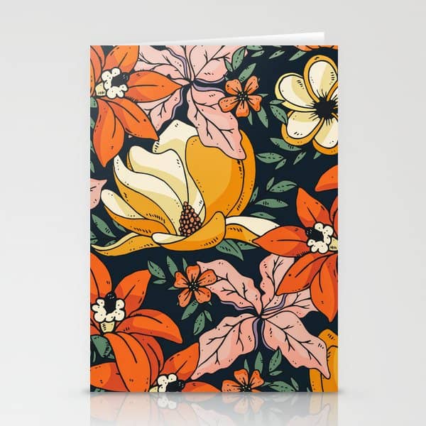 Night Forest, Colorful Dark Eclectic Floral Nature Botanical Jungle Floral Bohemian Illustration Stationery Card