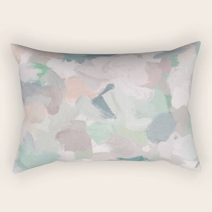 Fuzzy Flowers I - Mint Seafoam Green Dusty Rose Blush Pink Abstract Nature Spring Painting Print Rectangular Pillow