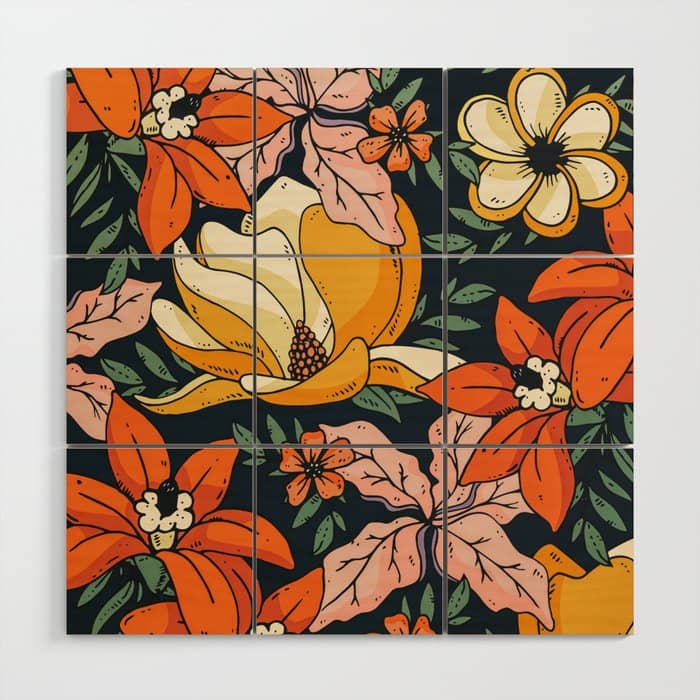 Night Forest, Colorful Dark Eclectic Floral Nature Botanical Jungle Floral Bohemian Illustration Wood Wall Art