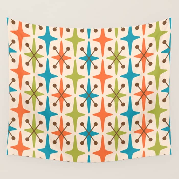 Mid Century Modern Atomic Starburst Pattern 441 Orange Brown Turquoise Chartreuse Wall Tapestry
