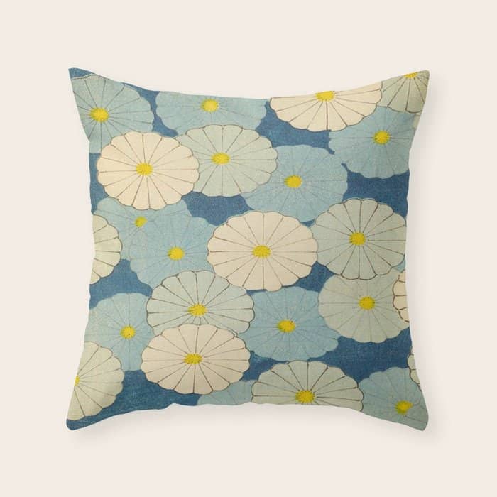 Shin-Bijutsukai - Japanese Design Blue Floral Pattern Throw Pillow