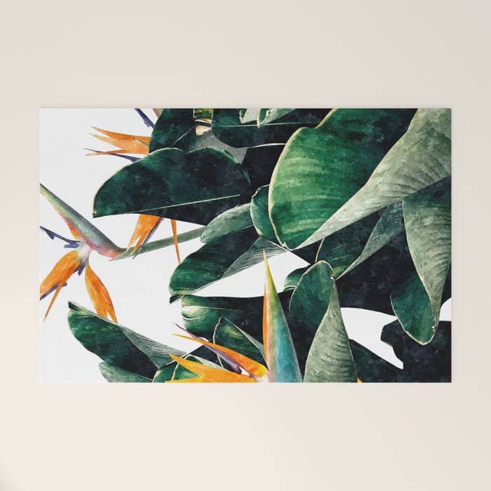 Paradise Bird, Nature Botanical Plant Floral, Tropical Garden Watercolor Painting Welcome Mat