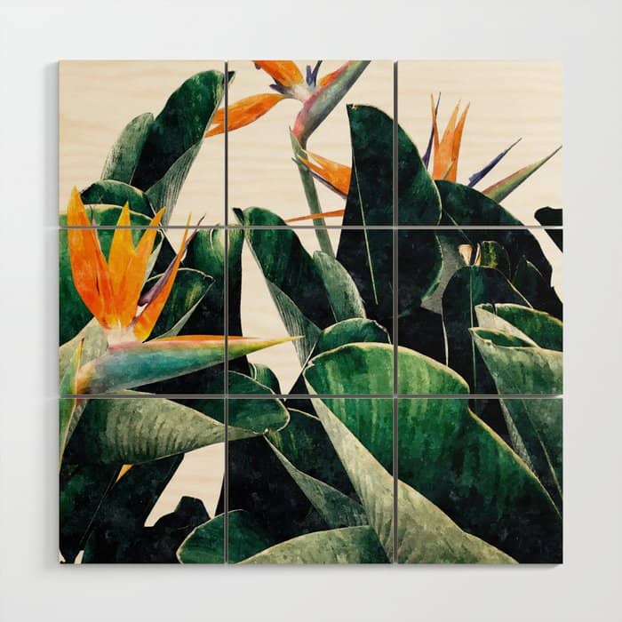 Paradise Bird, Nature Botanical Plant Floral, Tropical Garden Watercolor Painting Wood Wall Art