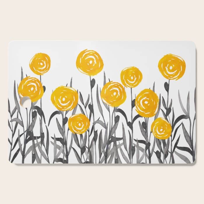 Fall Sunshine, Floral Watercolor Print, Yellow And Gray Cutting Board