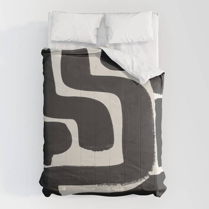 Black Ink Paint Brush Strokes Abstract Organic Pattern Mid Century Style Comforter