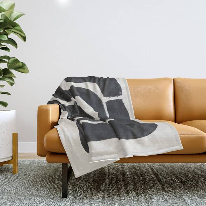Black Ink Paint Brush Strokes Abstract Organic Pattern Mid Century Style Throw Blanket
