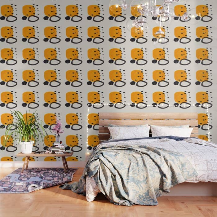 Unique Abstract Unique Mid Century Modern Yellow Mustard Black Ring Dots Wallpaper