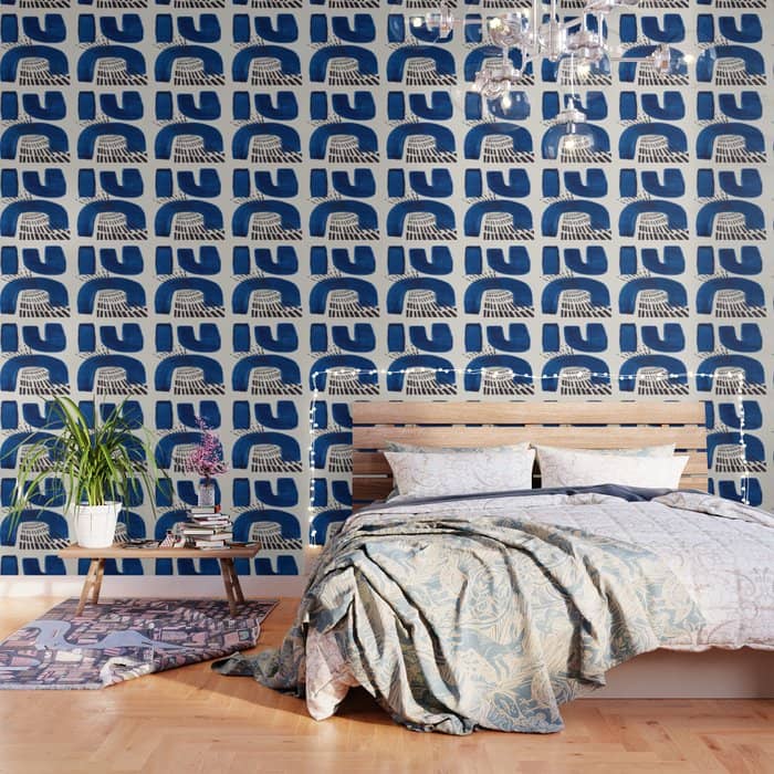 Colorful Mid Century Modern Abstract Fun Shapes Patterns Navy Blue Abstract Expressionism Wallpaper