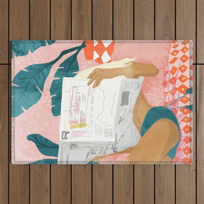 Modern Bohemian Morning Newspaper | Tropical Banana Leaves Palm Watercolor | Boho Woman & Decor Outdoor Rug