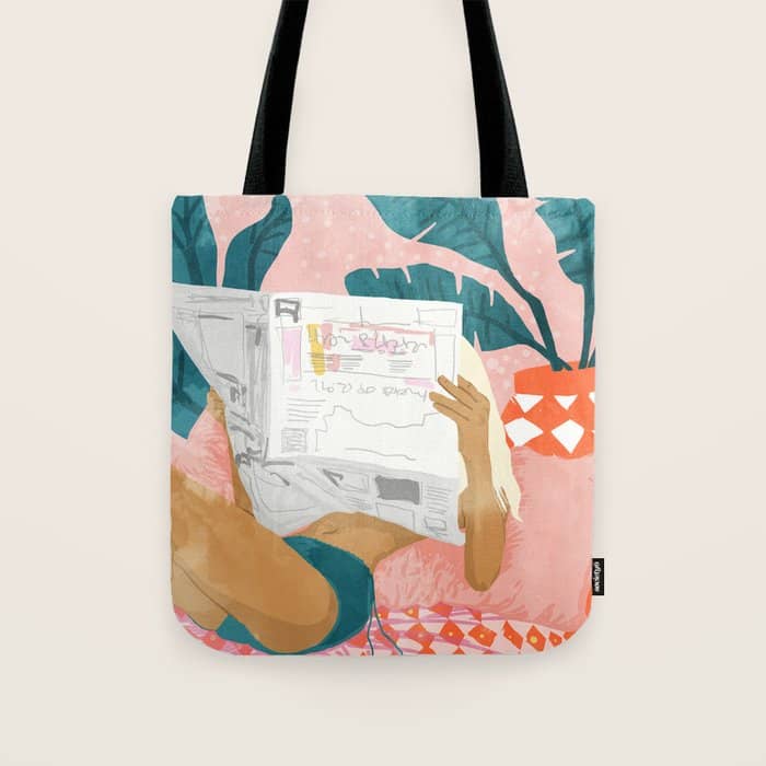 Modern Bohemian Morning Newspaper | Tropical Banana Leaves Palm Watercolor | Boho Woman & Decor Tote Bag
