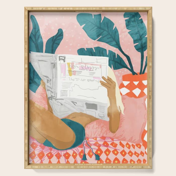 Modern Bohemian Morning Newspaper | Tropical Banana Leaves Palm Watercolor | Boho Woman & Decor Serving Tray