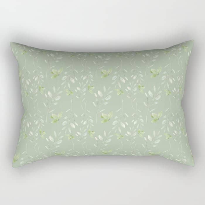 Mint Green Watercolor Hand Painted Floral Leaves Rectangular Pillow