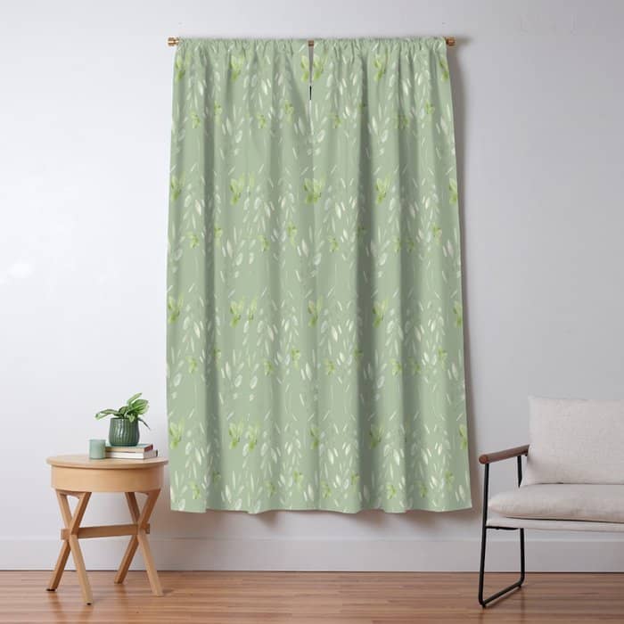 Mint Green Watercolor Hand Painted Floral Leaves Window Curtain