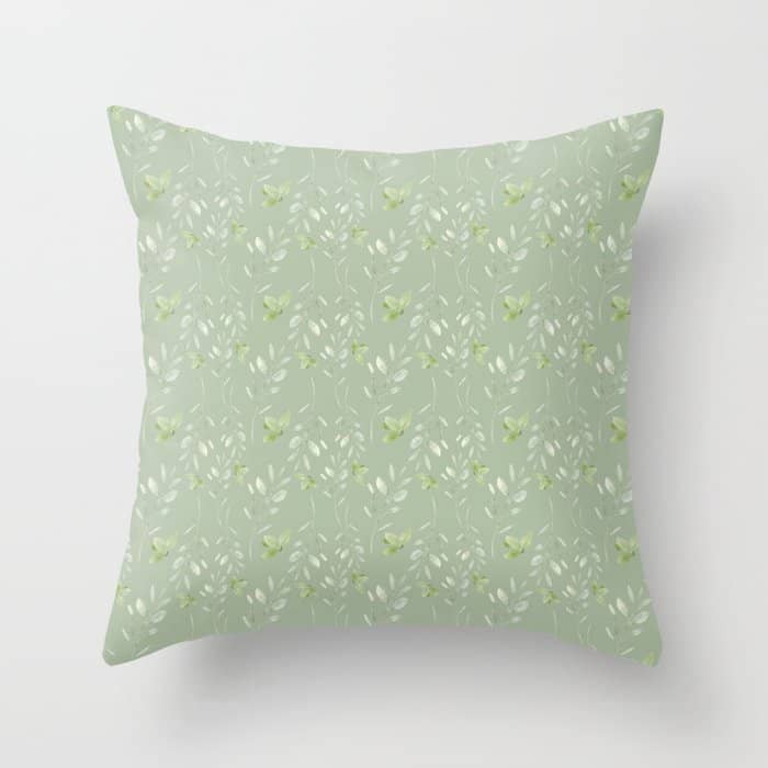 Mint Green Watercolor Hand Painted Floral Leaves Throw Pillow