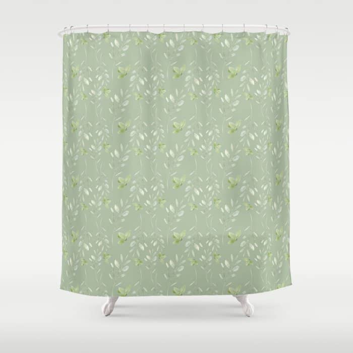Mint Green Watercolor Hand Painted Floral Leaves Shower Curtain