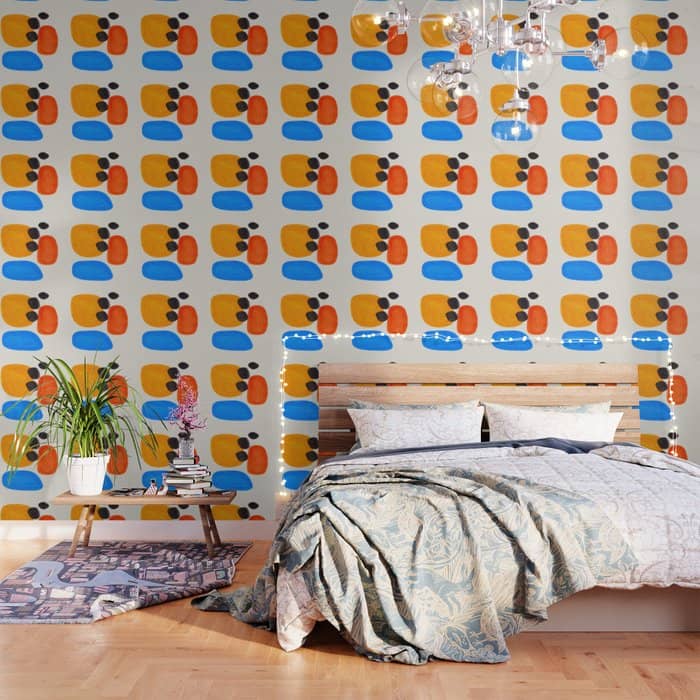 Minimalist Modern Mid Century Colorful Abstract Shapes Primary Colors Yellow Orange Blue Bubbles Wallpaper