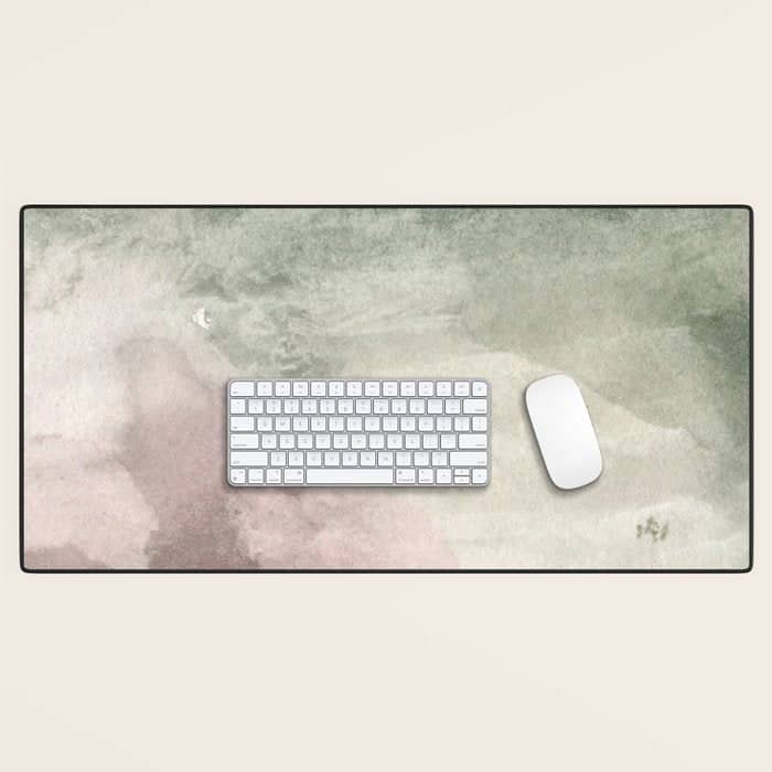 Abstract Blush Pink Green White Watercolor Brushstrokes Desk Mat