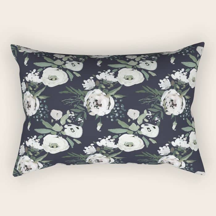 Blush Pink White Green Black Watercolor Modern Floral Rectangular Pillow