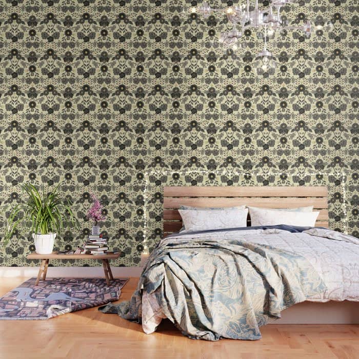 Gray, Black, Cream, Yellow & Red Sophisticated Floral Pattern Wallpaper