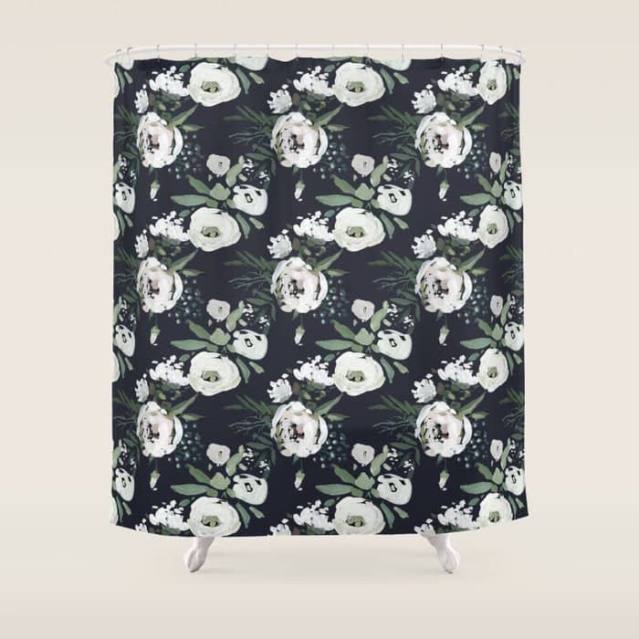 Blush Pink White Green Black Watercolor Modern Floral Shower Curtain