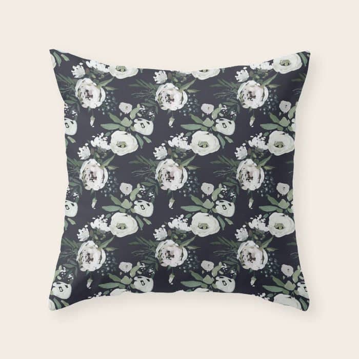 Blush Pink White Green Black Watercolor Modern Floral Throw Pillow