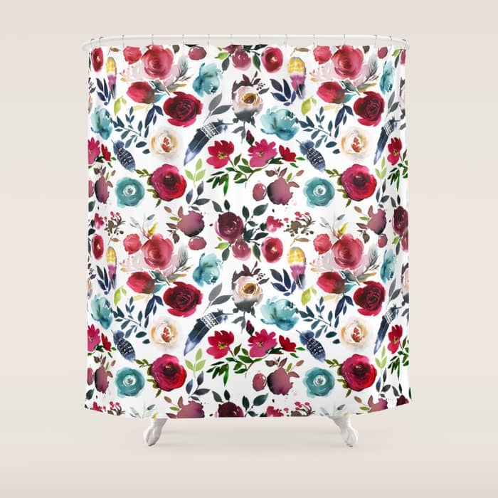 Burgundy Pink Teal Blue Watercolor Boho Floral Shower Curtain