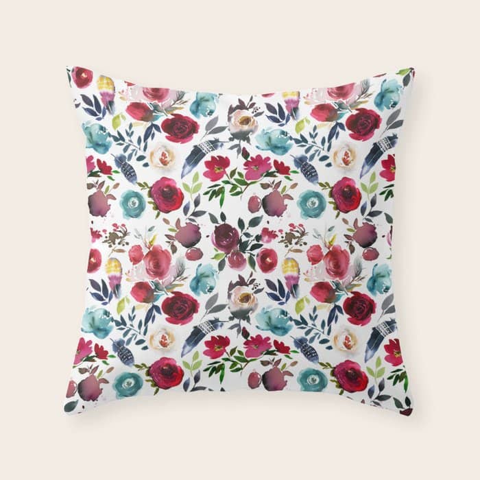 Burgundy Pink Teal Blue Watercolor Boho Floral Throw Pillow