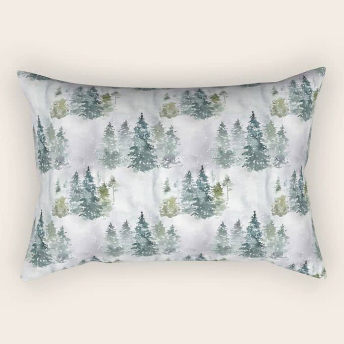 Watercolor Forest Green Snow Christmas Pine Tree Rectangular Pillow