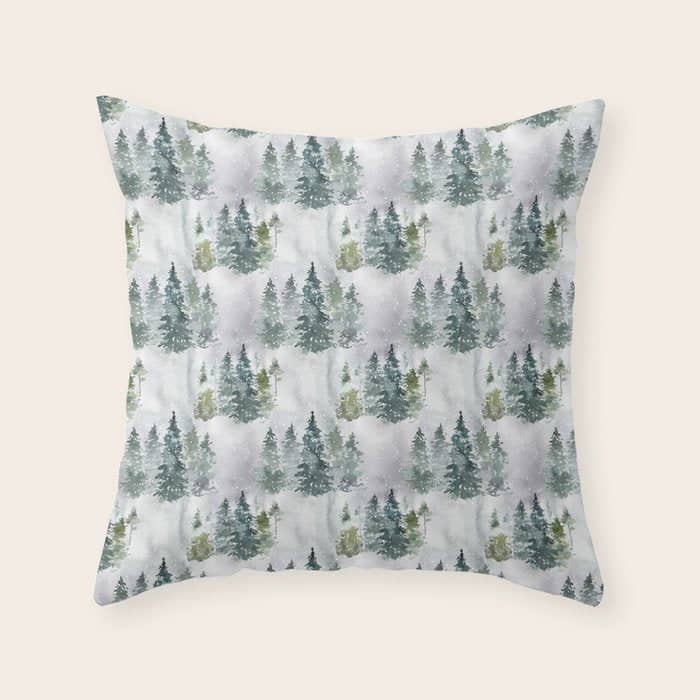 Watercolor Forest Green Snow Christmas Pine Tree Throw Pillow