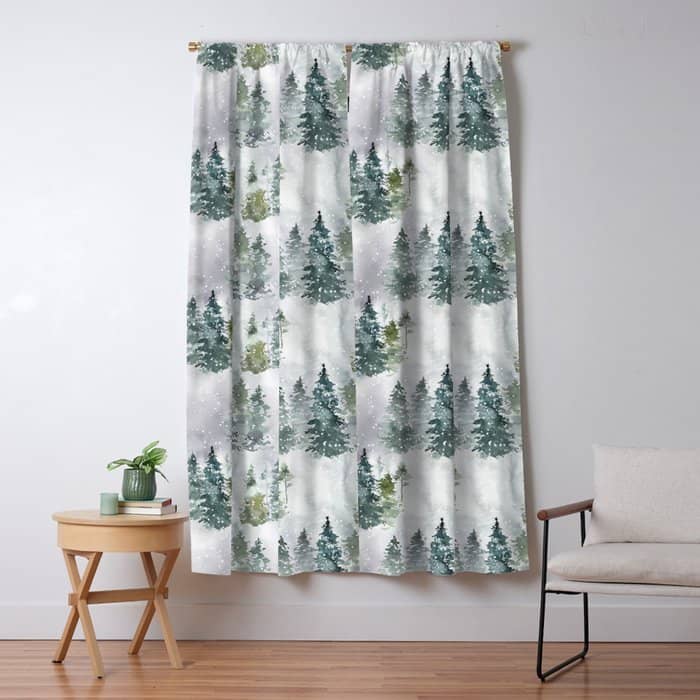 Watercolor Forest Green Snow Christmas Pine Tree Window Curtain