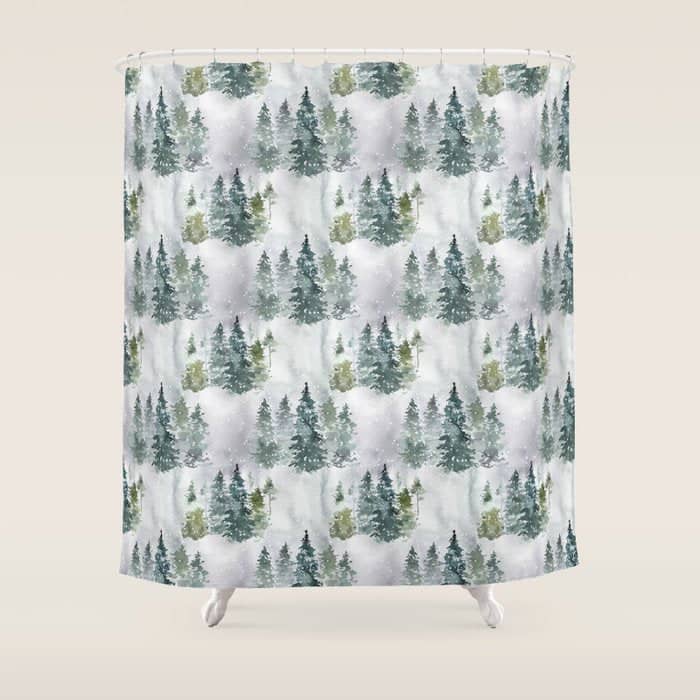 Watercolor Forest Green Snow Christmas Pine Tree Shower Curtain