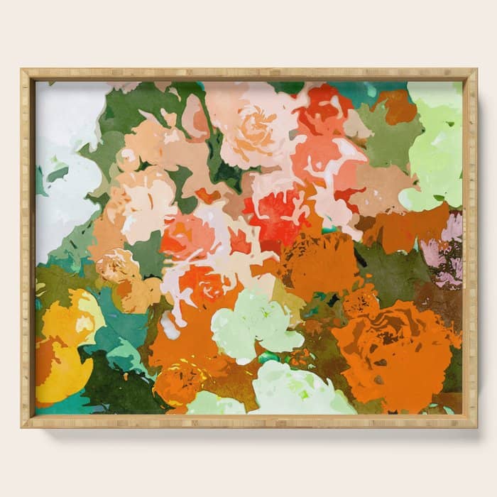 Velvet Floral, Summer Eclectic Botanical Blossom Blush Painting, Nature Colorful Garden Illustration Serving Tray
