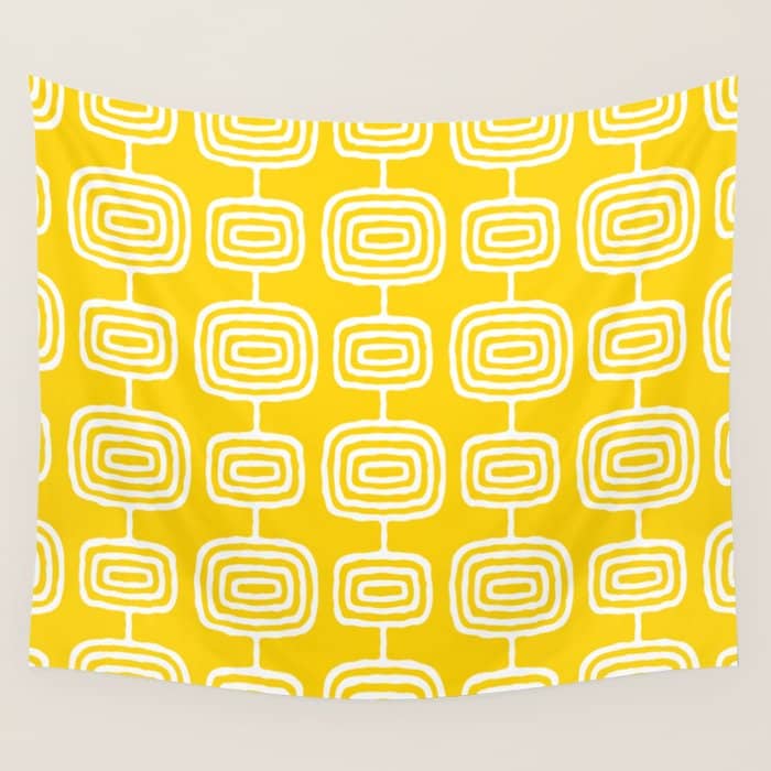 Mid Century Modern Atomic Rings Pattern Yellow Wall Tapestry