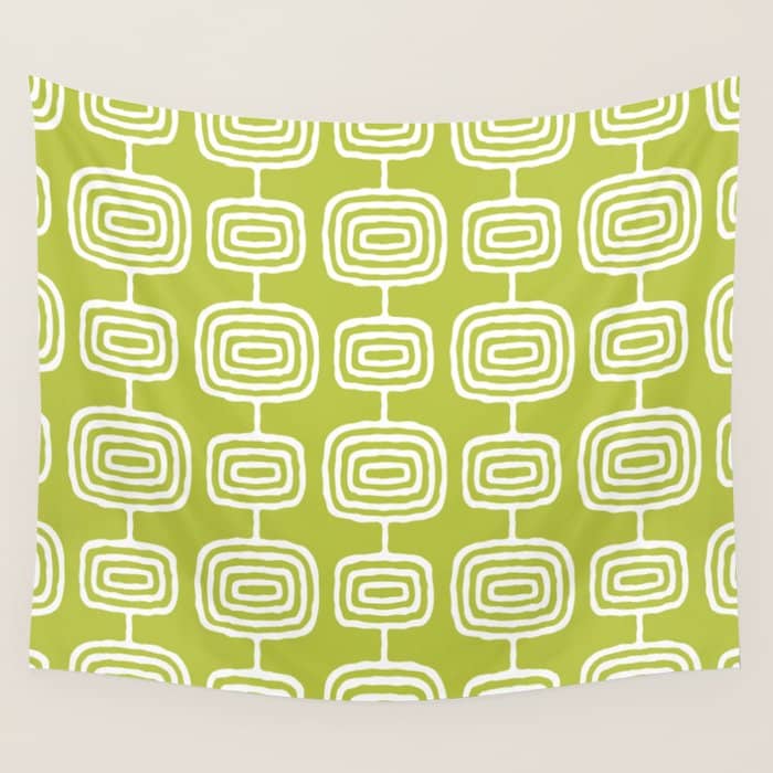 Mid Century Modern Atomic Rings Pattern Chartreuse Wall Tapestry