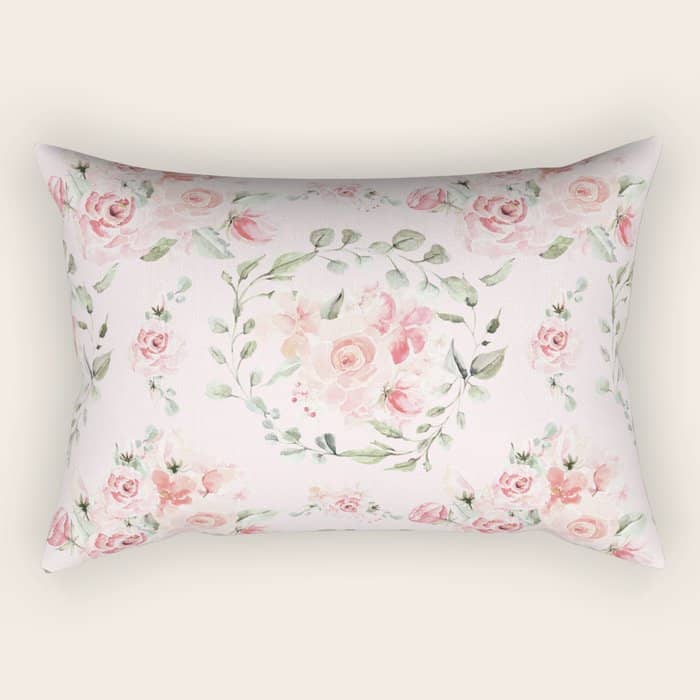 Rose Blush Watercolor Flower Pattern Rectangular Pillow